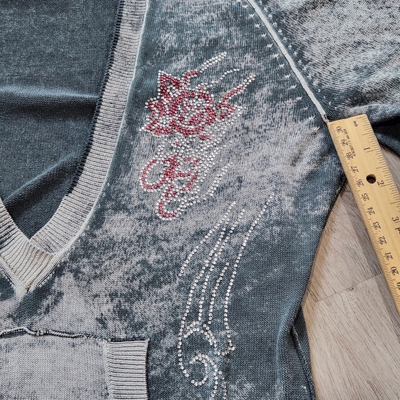 Vintage Y2K Ed Hardy Rhinestone Skull Hoodie Long sleeve Women Small Grunge Top - Picture 10 of 11